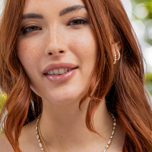 yellow gold sis with a pair of simple diamond hoops + our (gorgeous!) one of a kind diamond marquise tennis necklace<span class='visuallyhidden'>; shop help at 760-978-9297.</span>